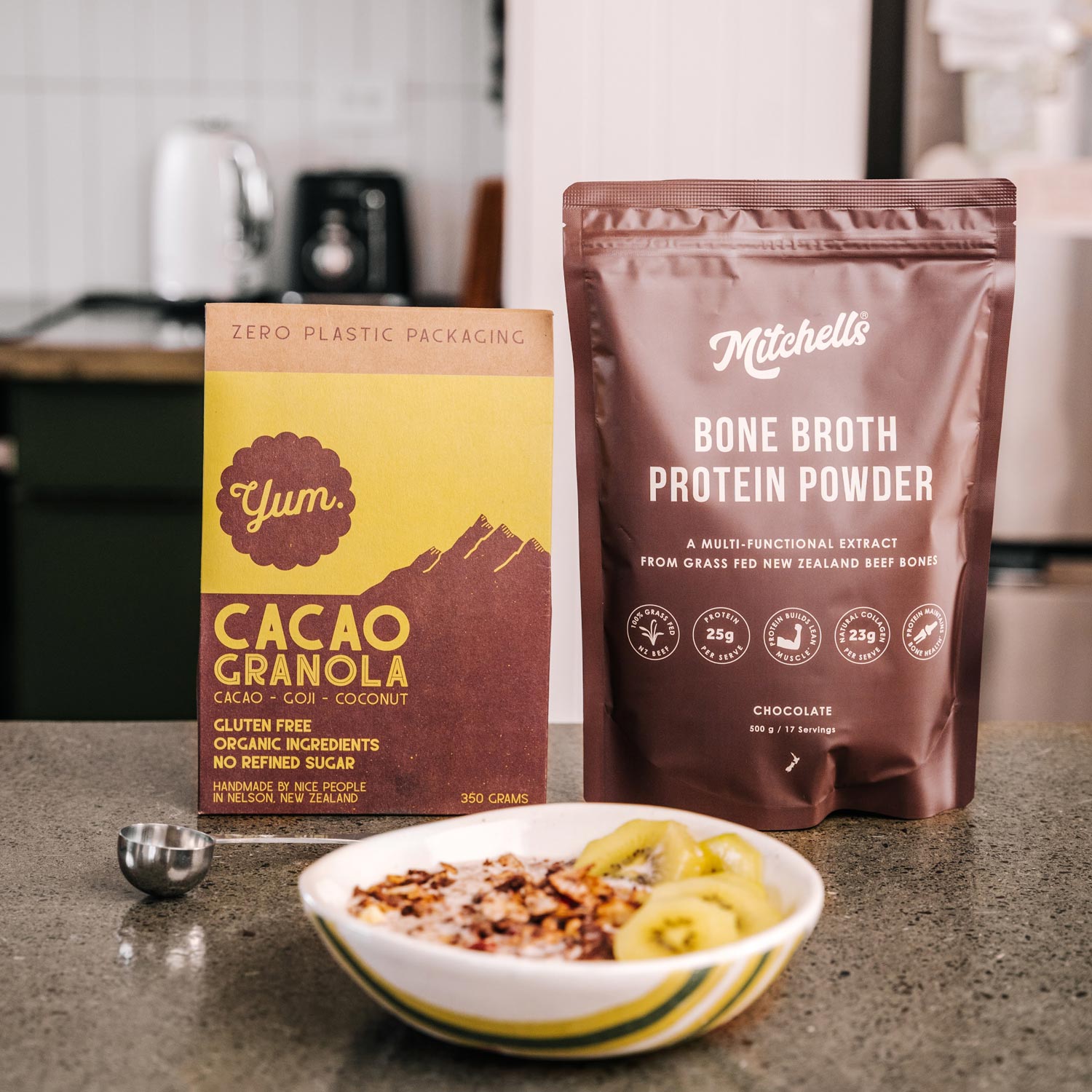 Mitchells Nutrition x Yum Collab - Chocolate Bone Broth Protein Powder and Yum Cacao Granola