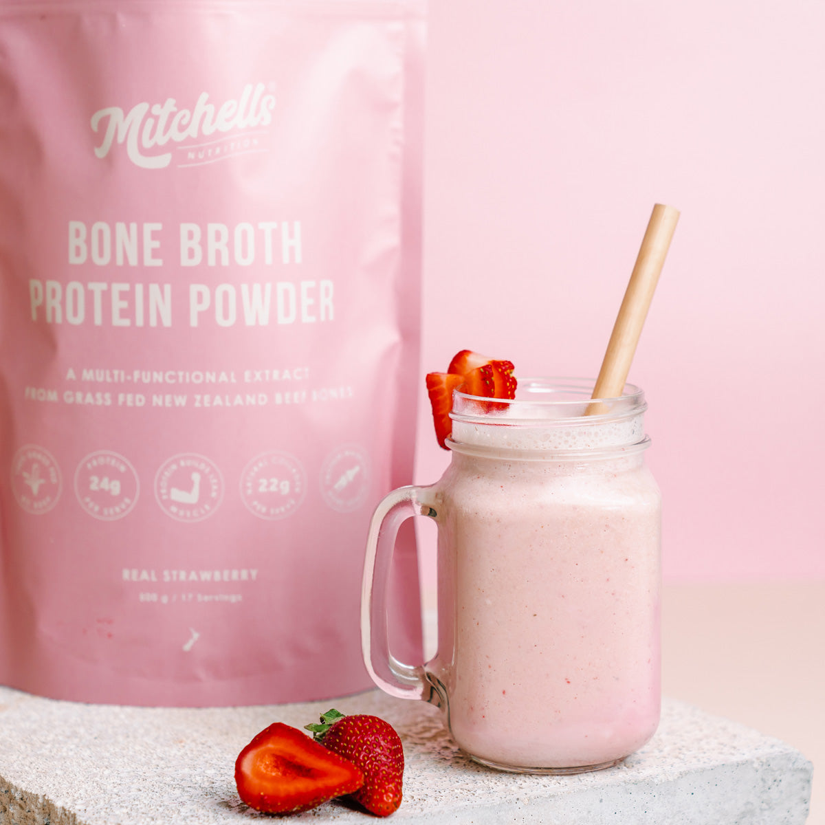 Mitchells Nutrition Bone Broth Protein Powder - Real Strawberry