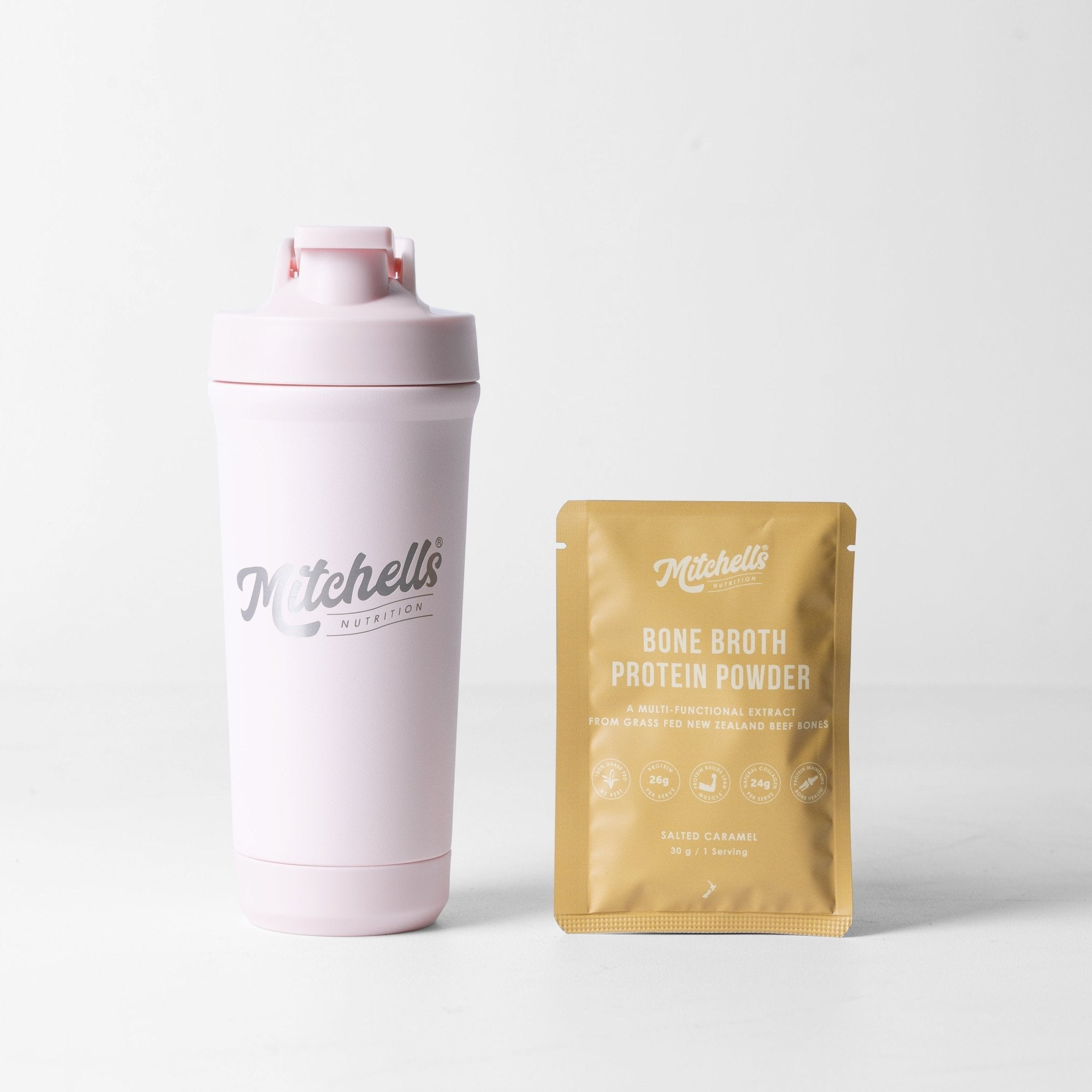 Premium Stainless Shaker - Pink - Mitchells Nutrition - Pair it with Salted Caramel Bone Broth Protein Powder