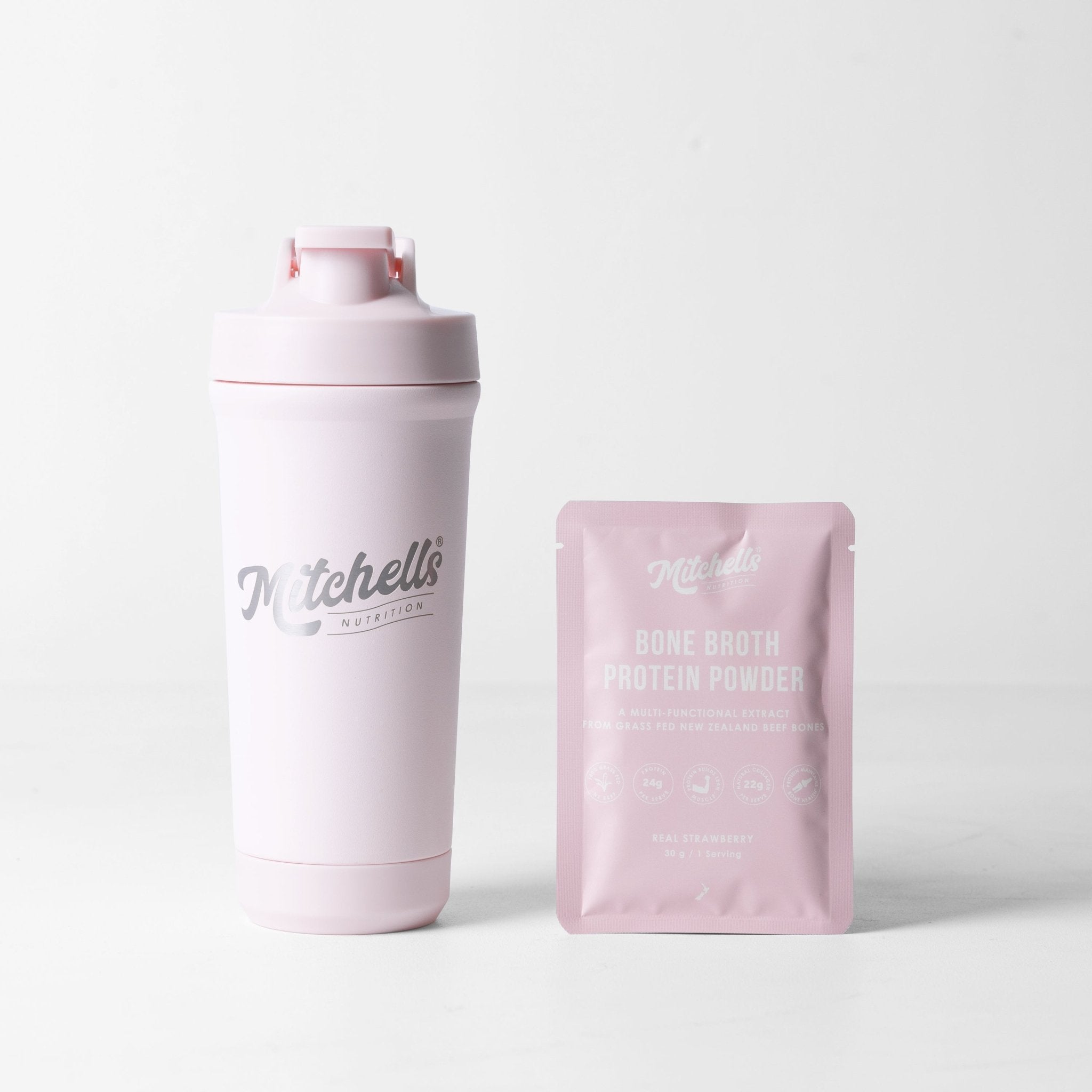 Premium Stainless Shaker - Pink - Mitchells Nutrition - Pair it with Real Strawberry Bone Broth Protein Powder