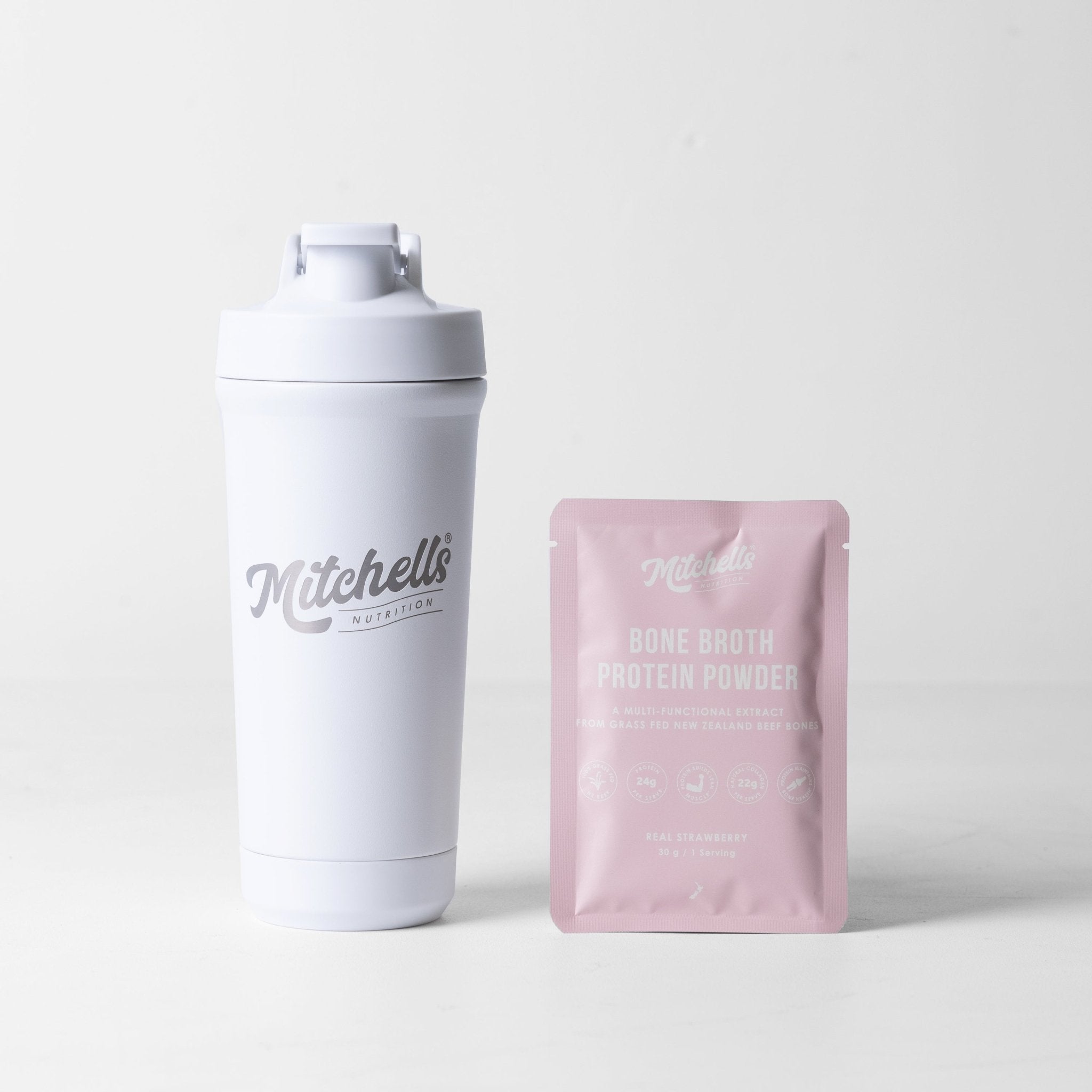 Premium Stainless Shaker - White - Mitchells Nutrition - Pair it with Real Strawberry Bone Broth Protein Powder