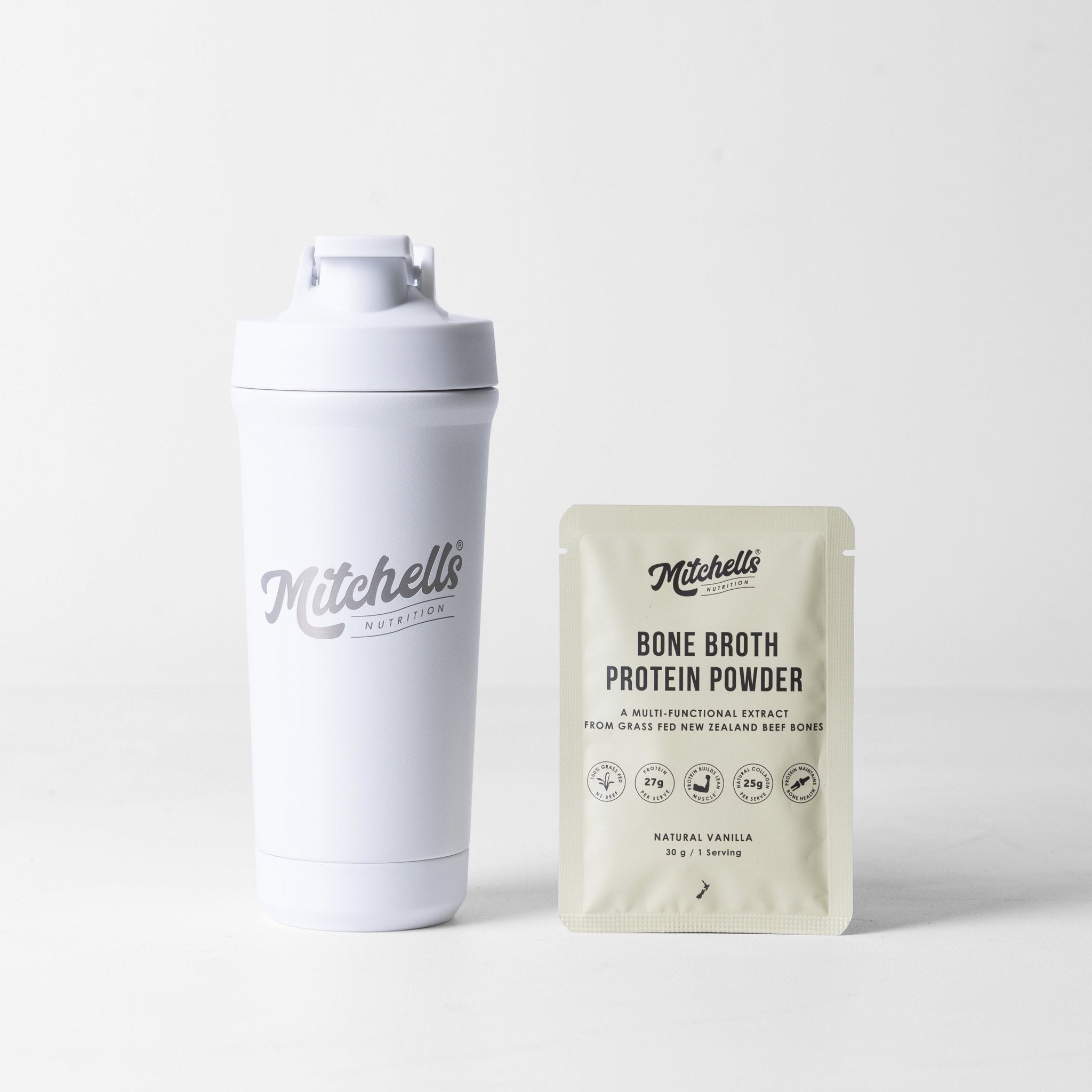 Premium Stainless Shaker - White - Mitchells Nutrition - Pair it with Natural Vanilla Bone Broth Protein Powder